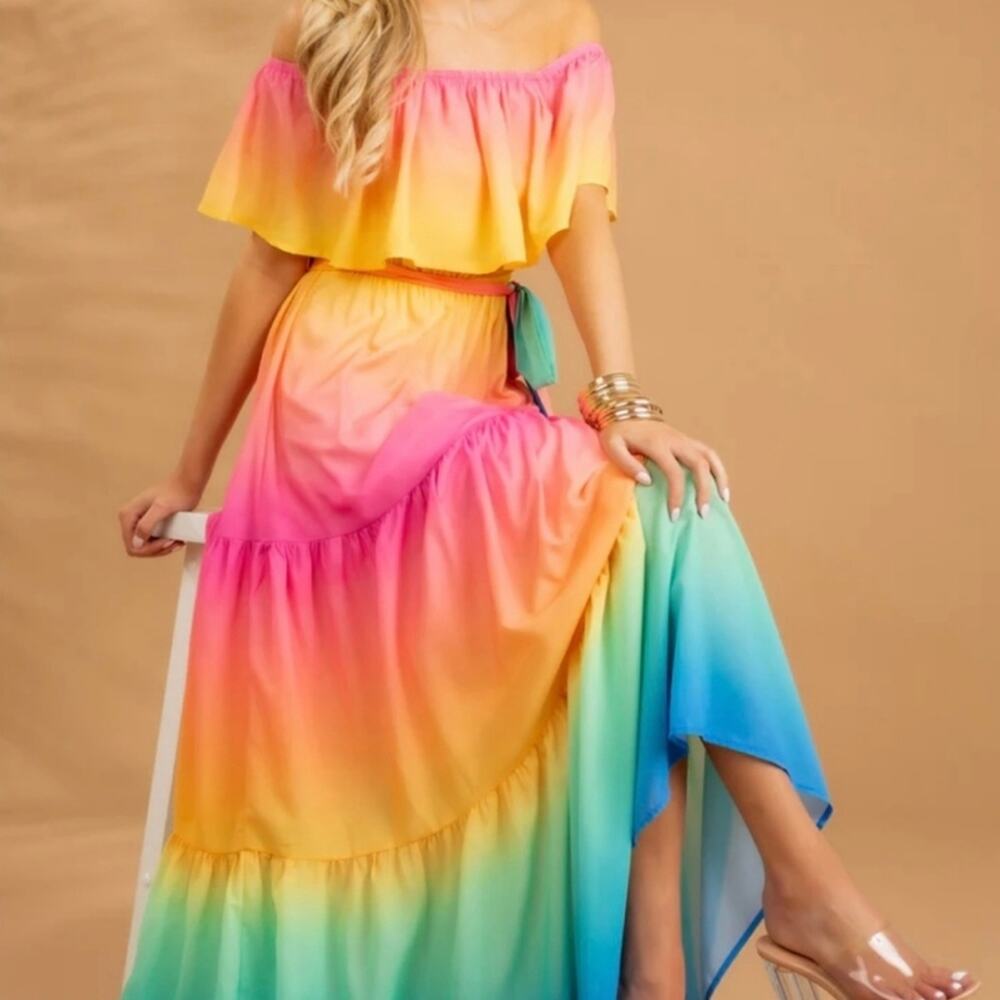 Off-Shoulder Rainbow Ombre Maxi Dress - Multicolor